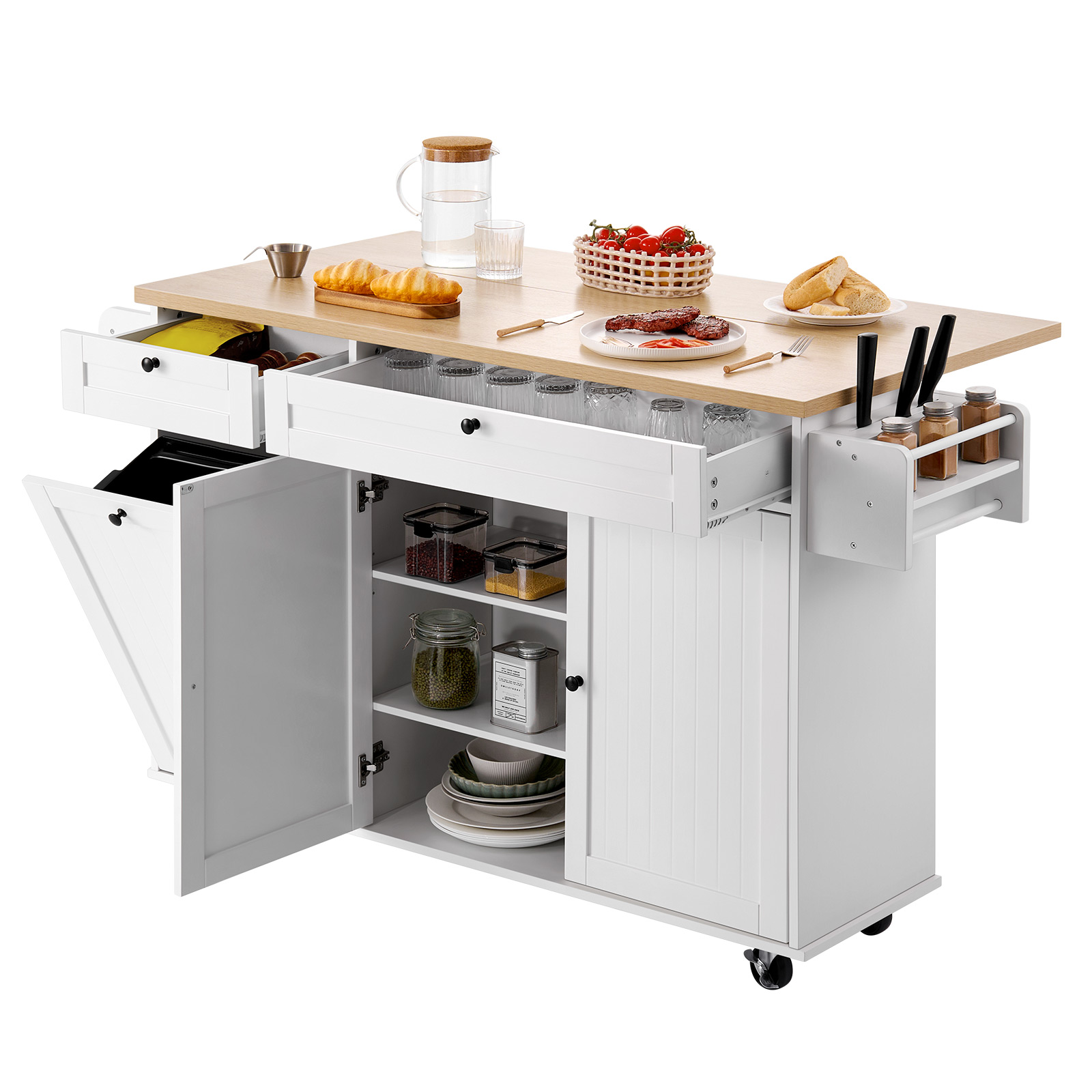 60in Kitchen Island Cart Rolling Storage Cabinet Table With Drawer Drop Leaf_voghion.com